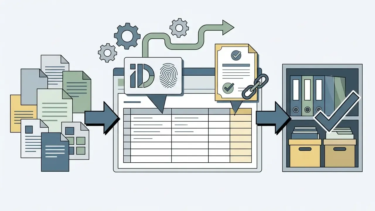 Process diagram showing digital assets being logged into a spreadsheet and stored in a filing cabinet