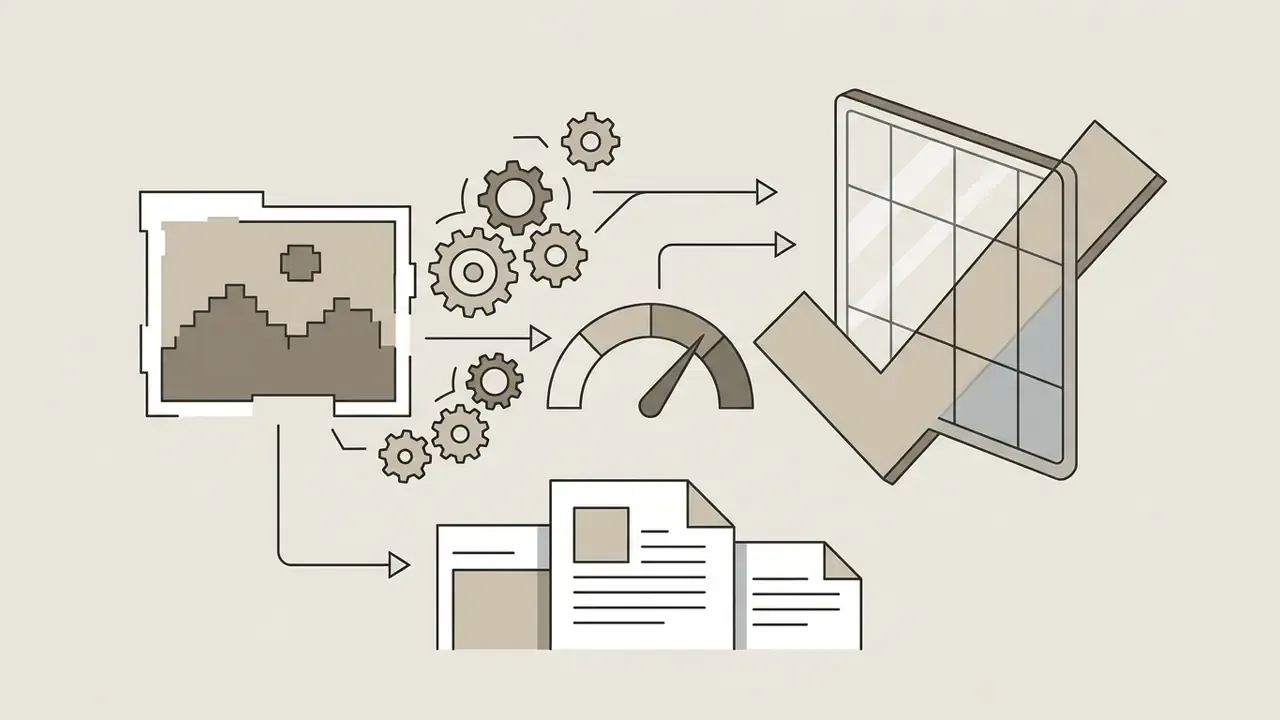 Diagram showing a pixelated image processed through gears and a gauge into a refined grid with a checkmark