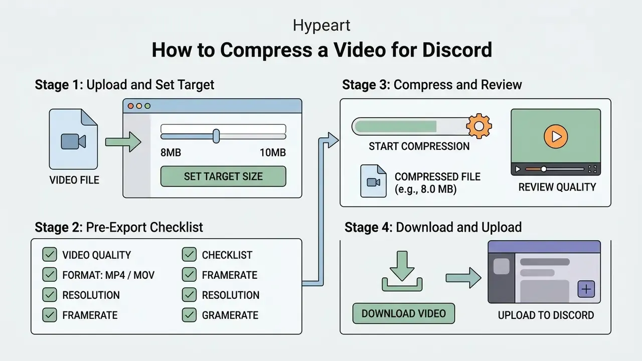 Four-stage infographic showing the process to compress a video for Discord from upload to final sharing