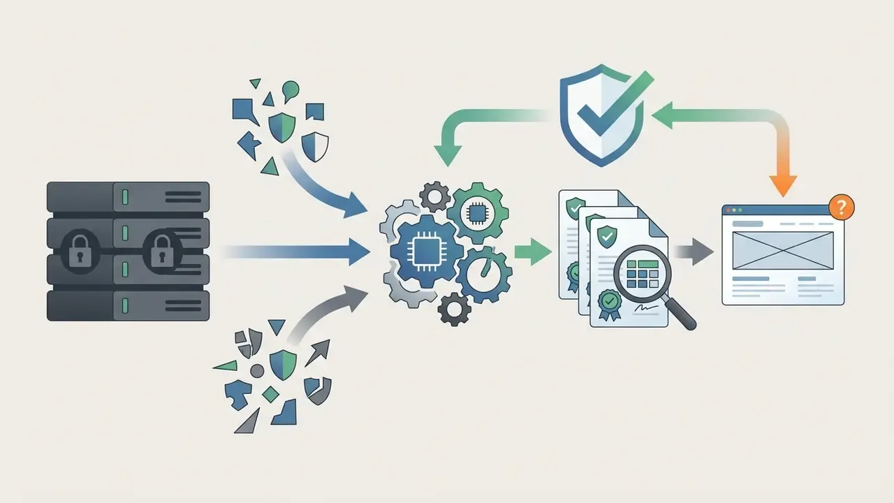 Data flow diagram showing secure server inputs processed through gears into audited compliance documents