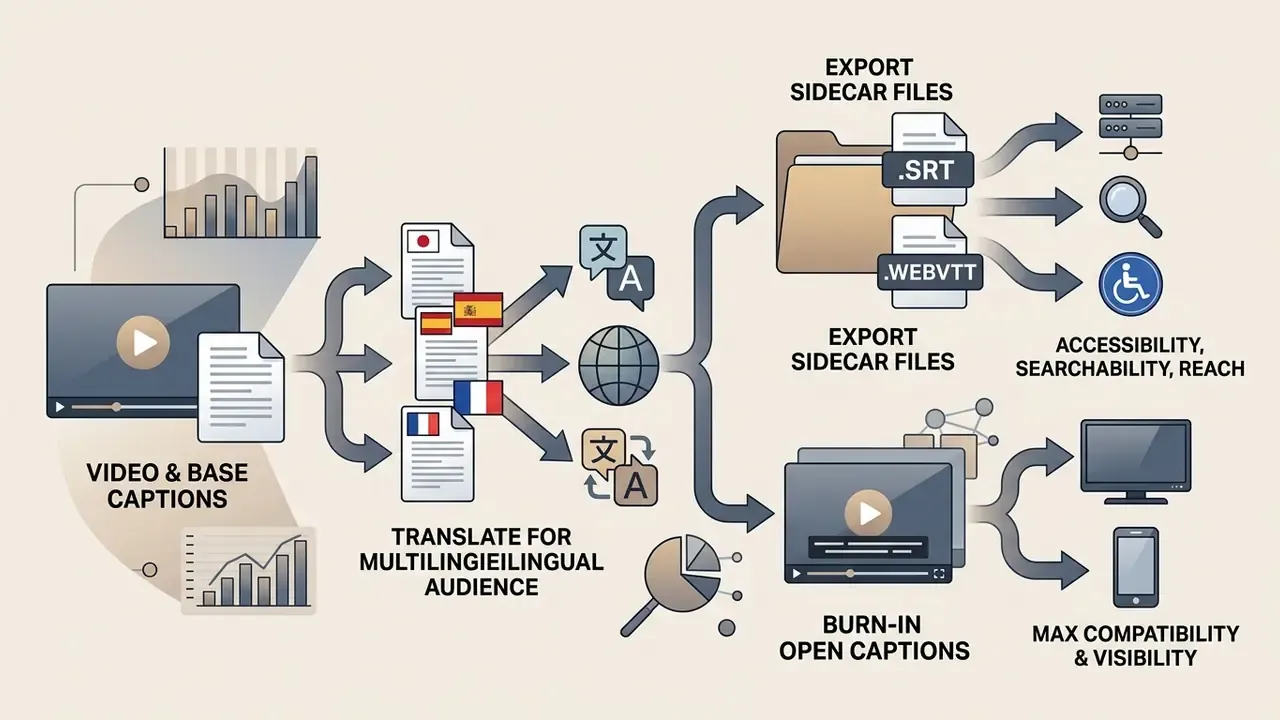 Flowchart showing how to translate captions into multiple languages and export as sidecar or open files