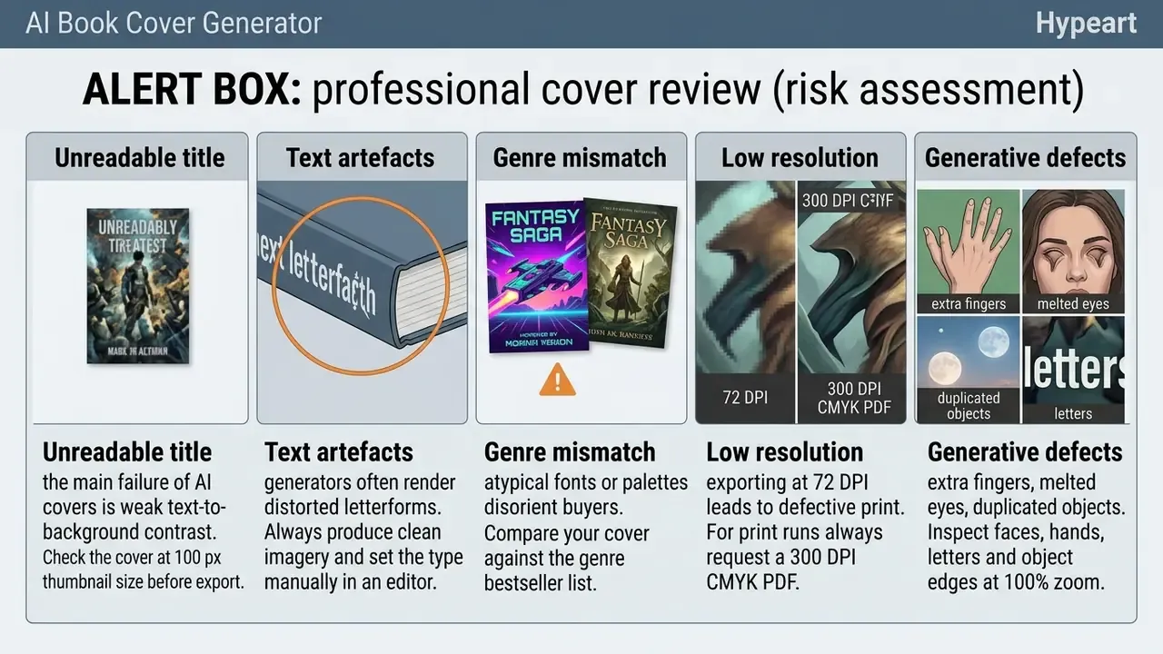 Five columns detailing common design risks including unreadable titles, text artefacts, and resolution errors