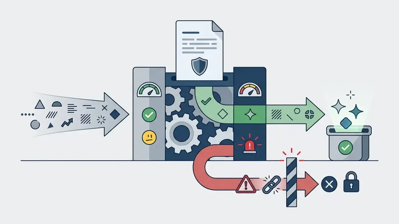 Document being processed by a gear system that directs filtered content to output or blocked paths
