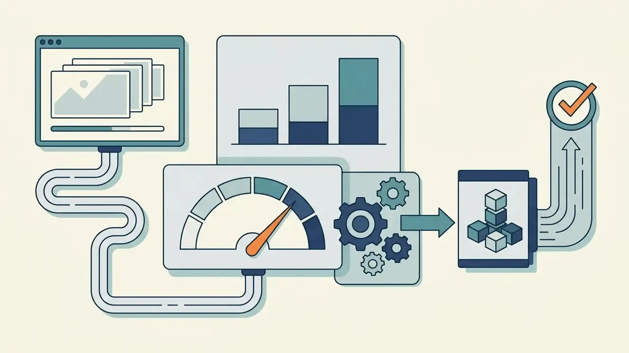 Digital process showing photo assets being analyzed by a speedometer and gears to create a video file