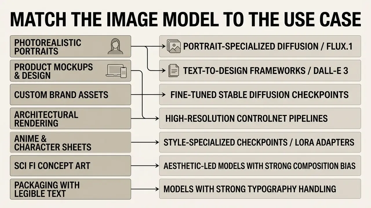 Flowchart connecting specific creative use cases to their recommended AI art generator model types