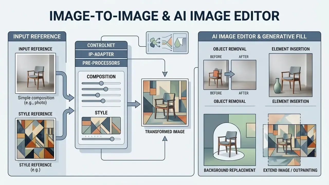 Flowchart showing how reference images and generative tools transform visuals through editing techniques