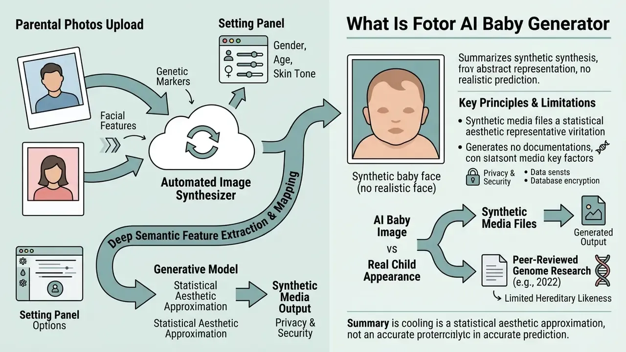 Diagram showing how the Fotor AI baby generator processes parent photos into a synthetic baby image