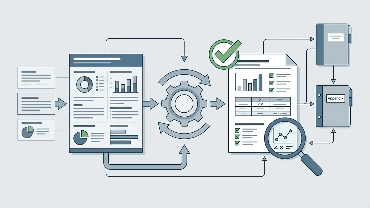 Data reports flowing through a central gear system to produce verified documents with appendix links