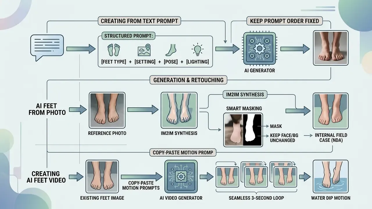 Diagram detailing text prompt, reference photo, and video generation workflows for an AI feet generator