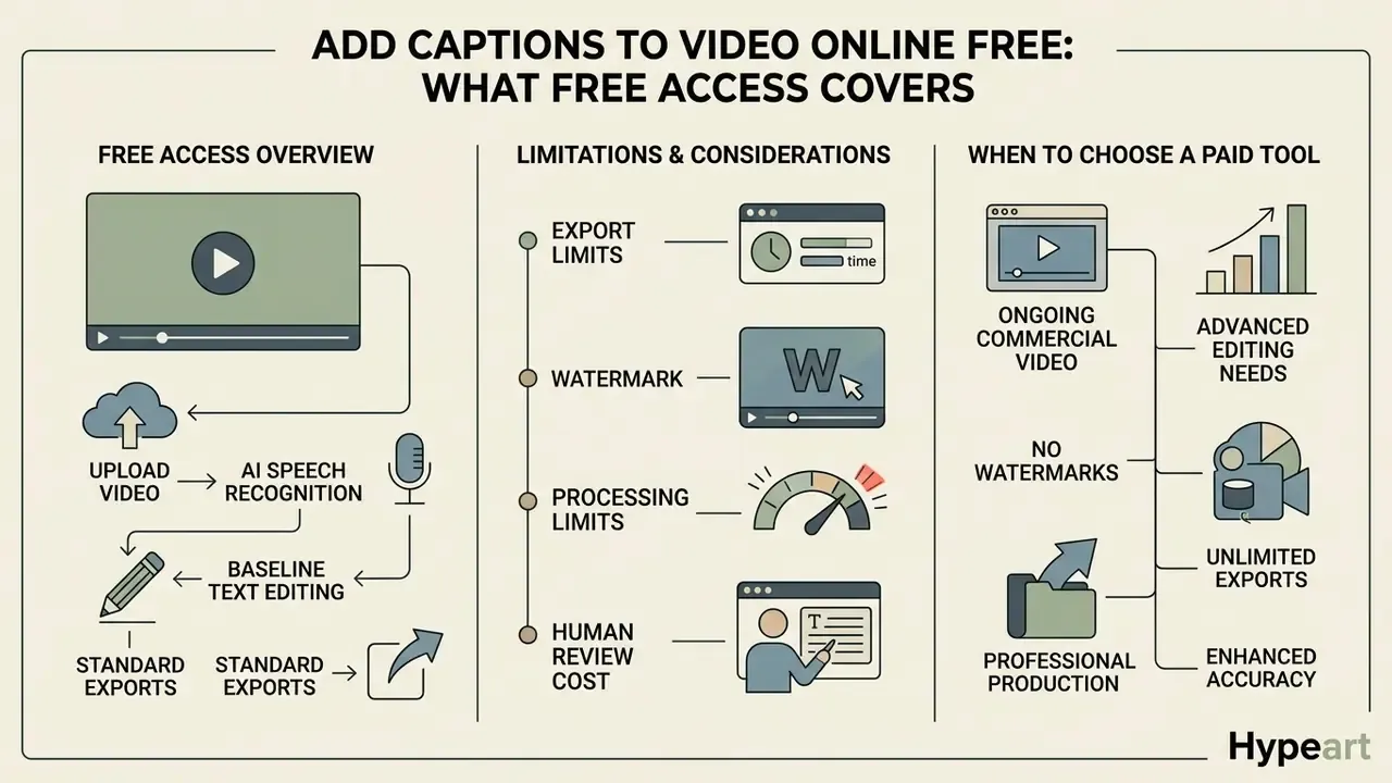 Infographic outlining free captioning tool features, usage limitations, and reasons for paid upgrades