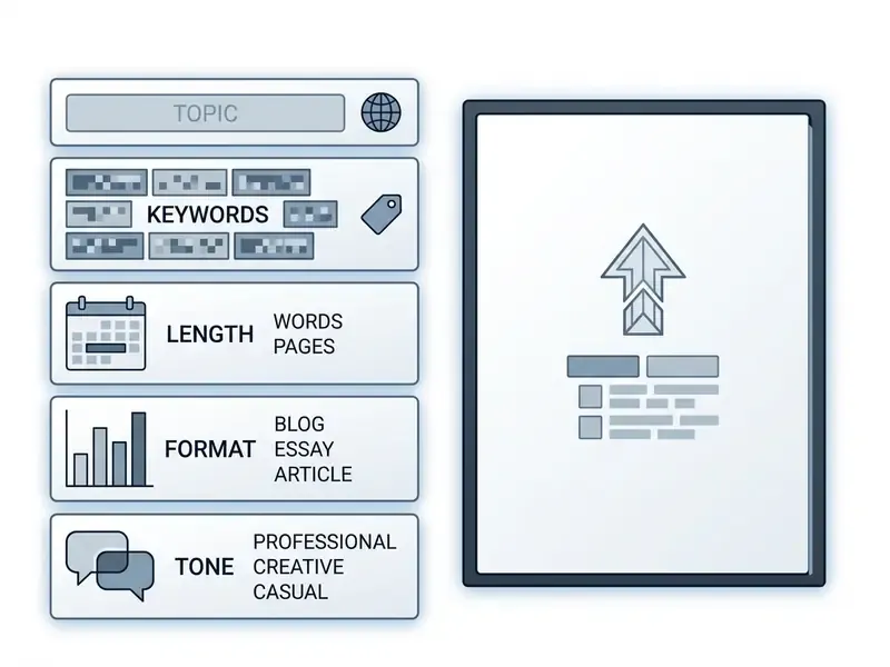 Configuration panel with five input fields for topic, keywords, length, format, and tone settings