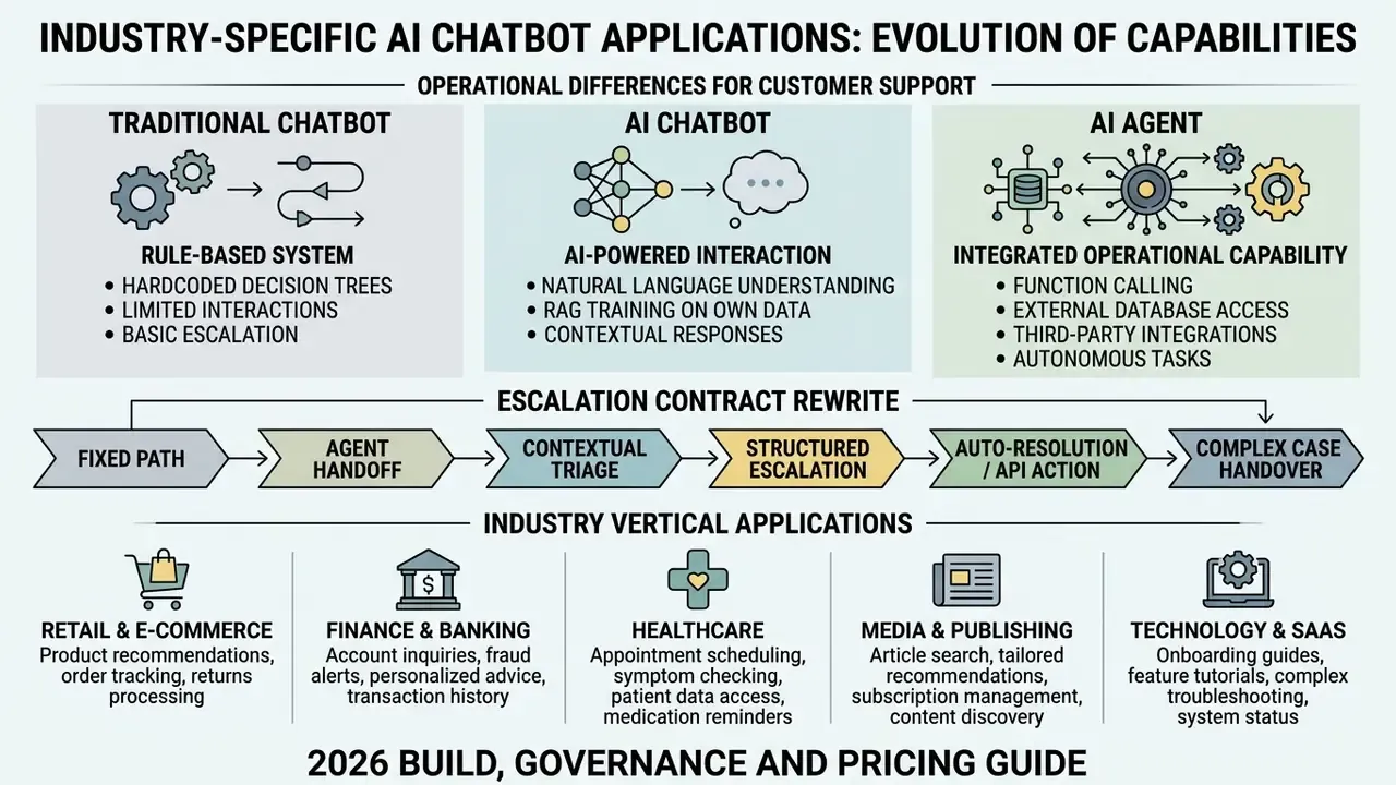 Comparison infographic detailing the evolution from rule-based chatbots to autonomous AI agents