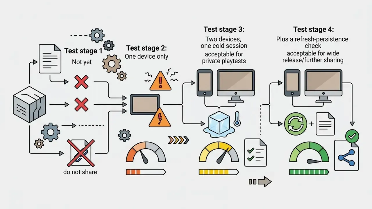 Four sequential stages of software testing using icons for devices, gauges, and status markers