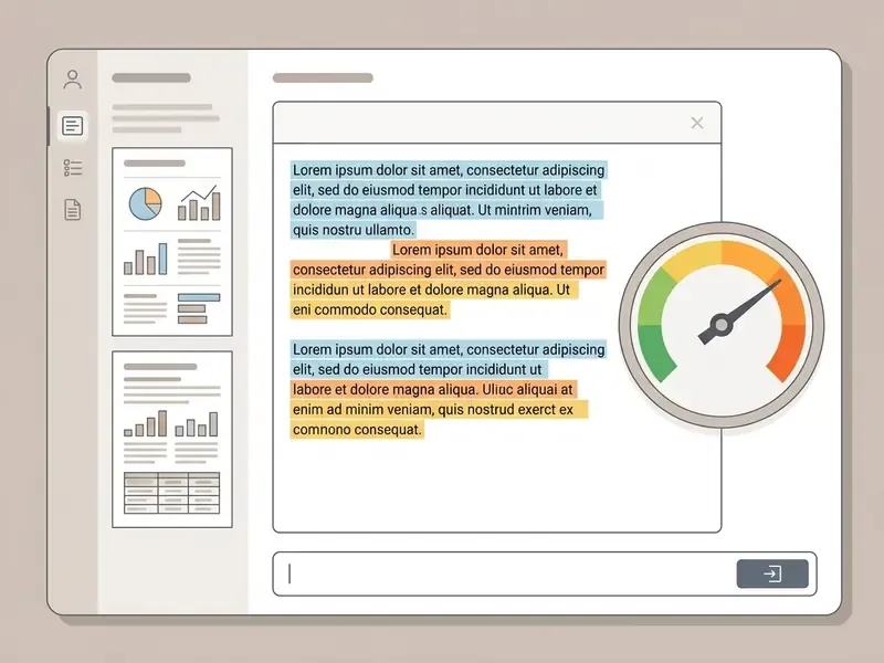 Software interface showing text with color-coded highlights and a circular probability gauge