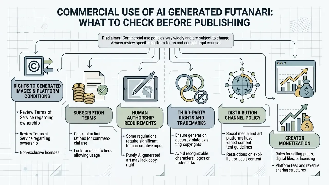 Summary of legal and commercial considerations for publishing AI artwork including rights and monetization