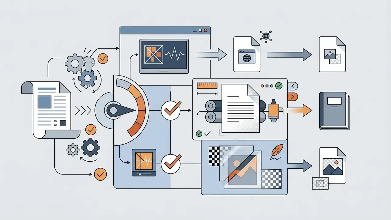 Diagram showing document processing steps for digital web exports and physical print production