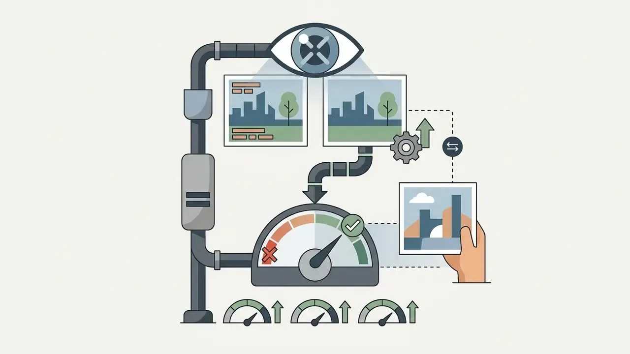 Eye icon observing image comparisons that feed into a performance gauge with a green checkmark