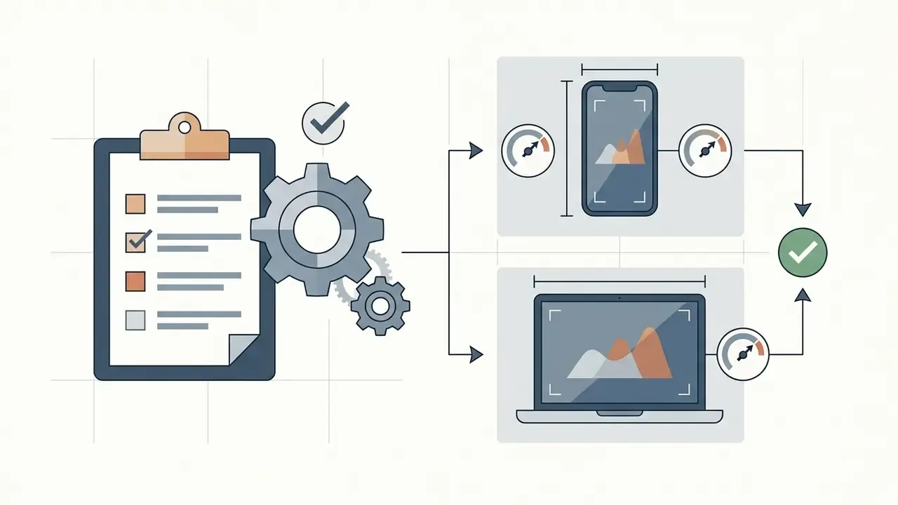 Checklist and gears connecting to smartphone and laptop screens showing aspect ratio adjustments
