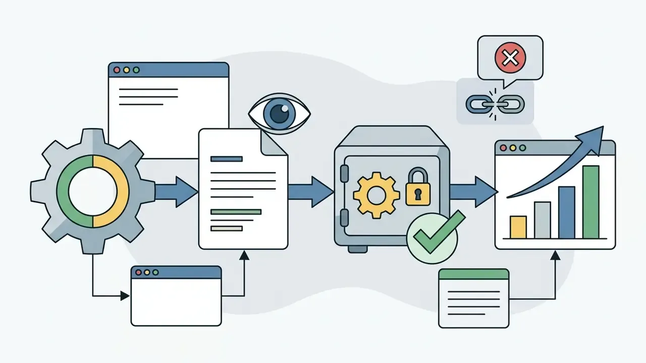 Sequence of gear, document, and safe icons representing data provenance and manifest validation
