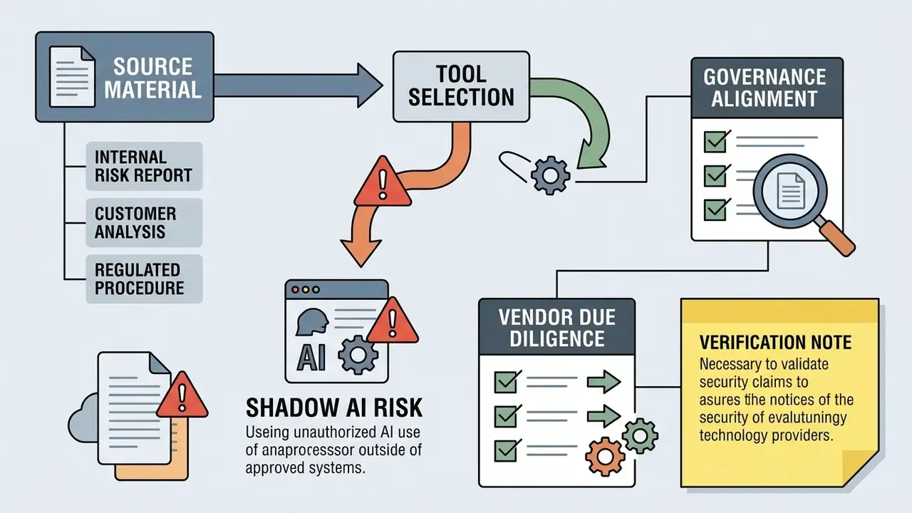 Flowchart mapping source material to tool selection risks and governance alignment processes