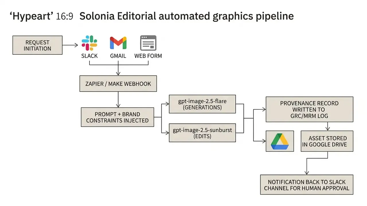 Diagram showing the automated workflow for OpenAI image generation from request to final approval