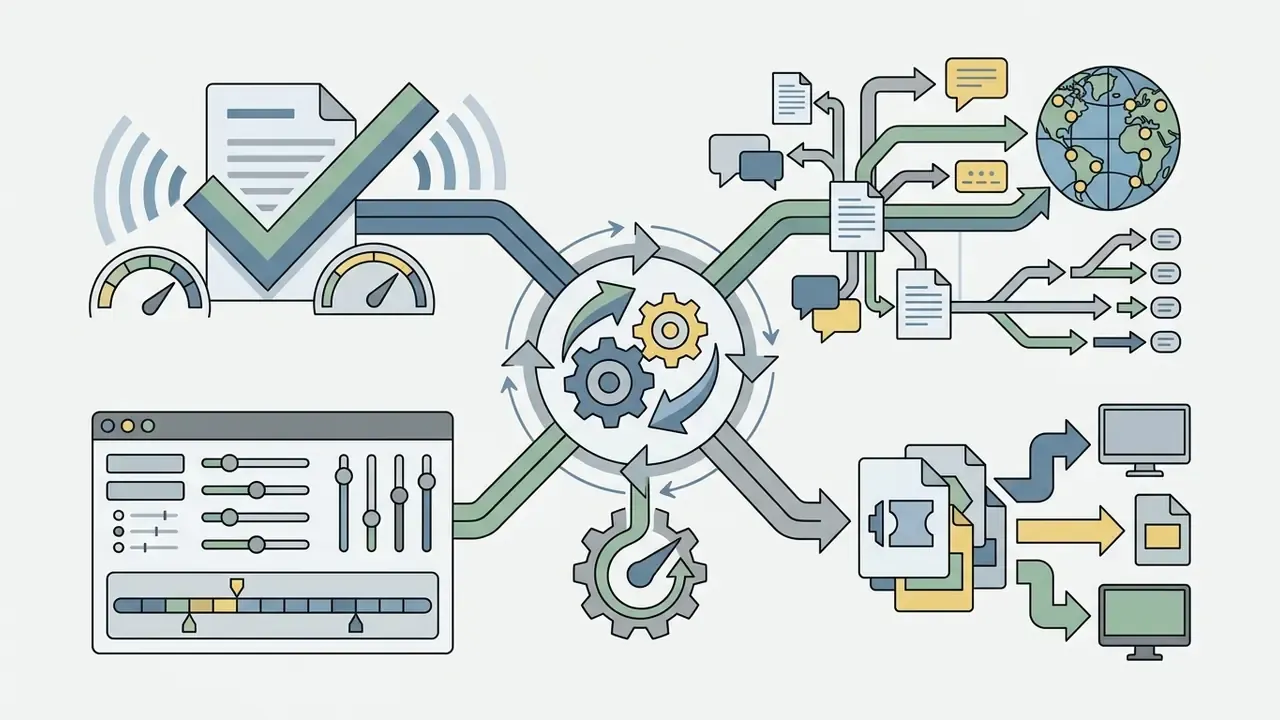 Central gear mechanism connecting audio processing, text editing, global translation, and file output
