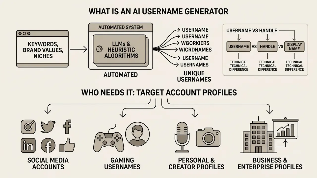 Flowchart showing how an AI username generator processes keywords to create handles for various user profiles