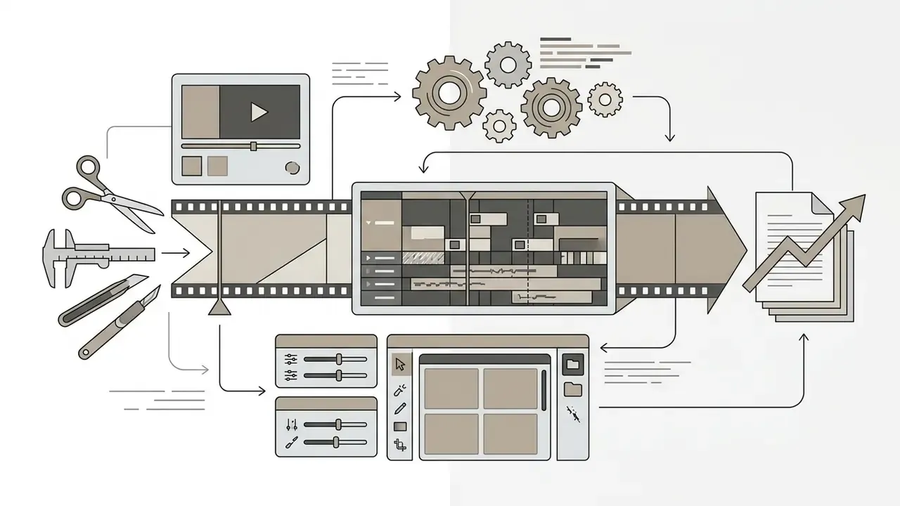 Diagram showing film editing tools, a timeline interface, mechanical gears, and export document icons