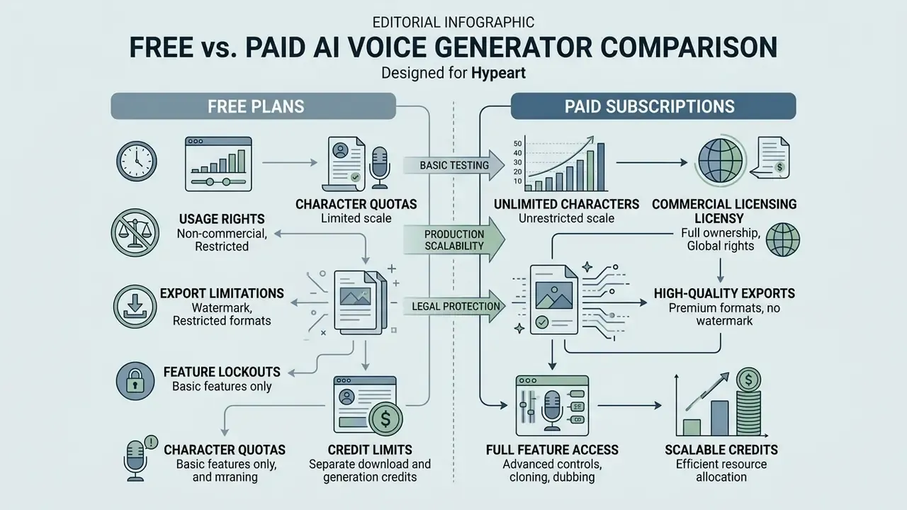 Comparison infographic contrasting free and paid AI voice generator plans across usage and legal metrics