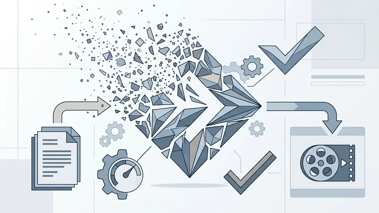 Geometric shards assembling into an arrow shape with document and film reel icons