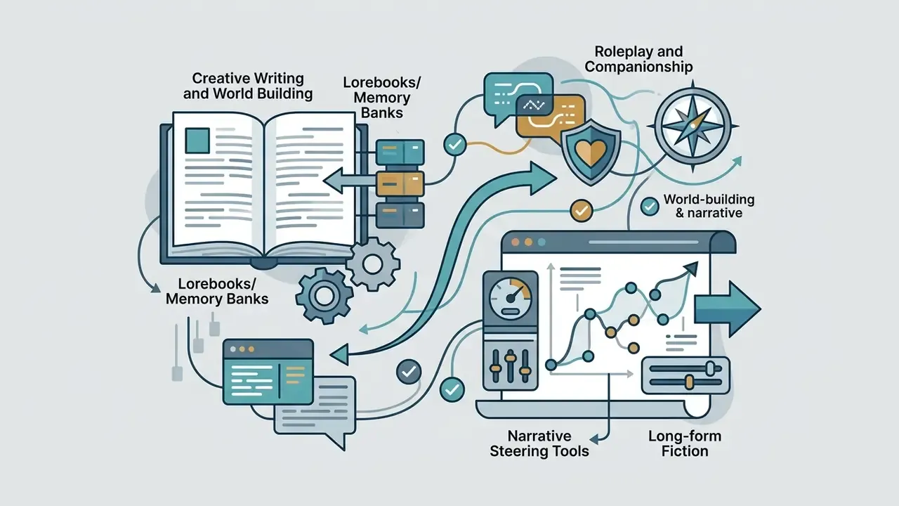Open book connected to digital interface icons representing narrative steering and world building tools