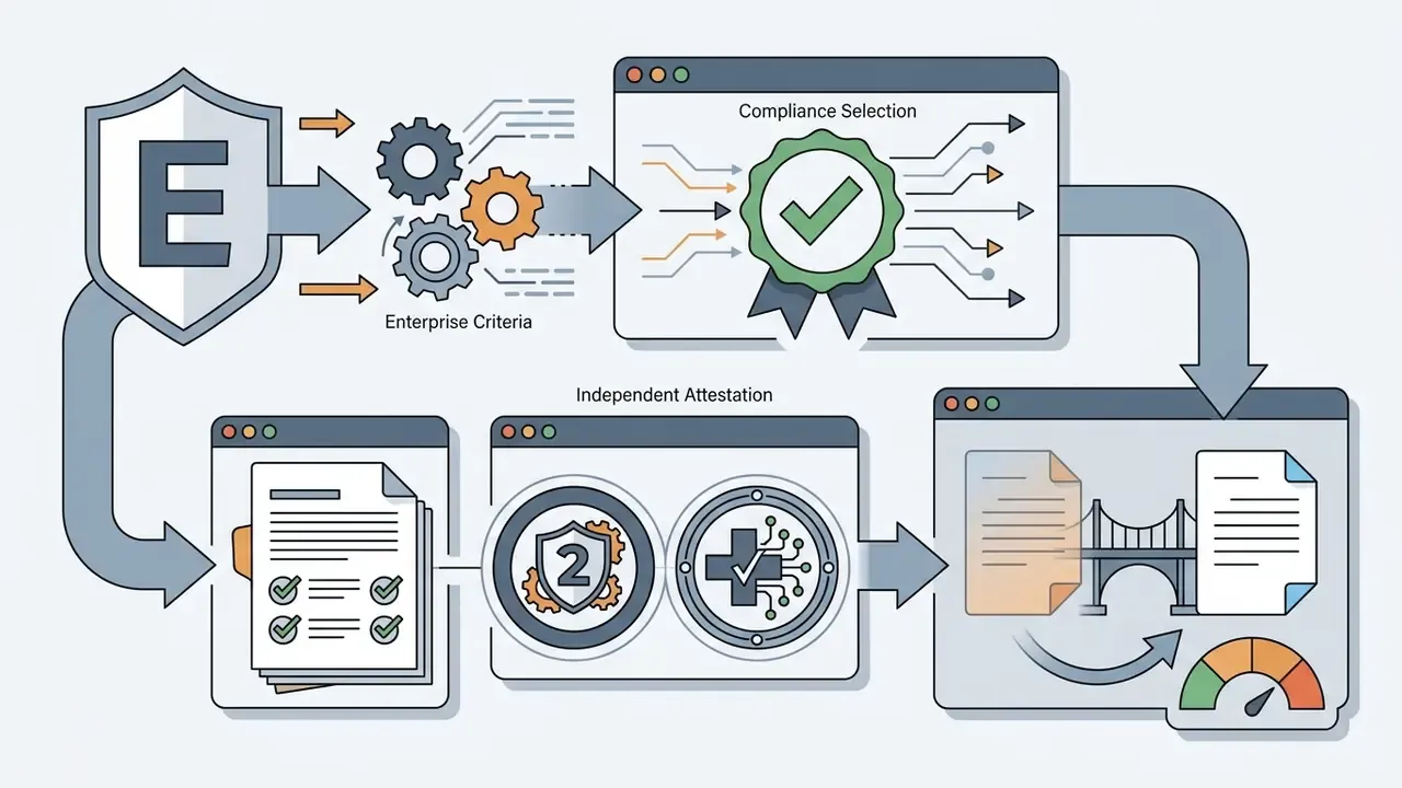 Shield icon feeding into compliance selection screens and independent attestation documentation