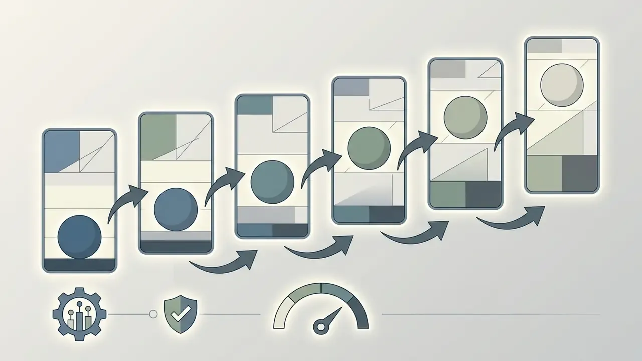 Six mobile phone screens arranged in a rising sequence showing a circle moving upward with arrows