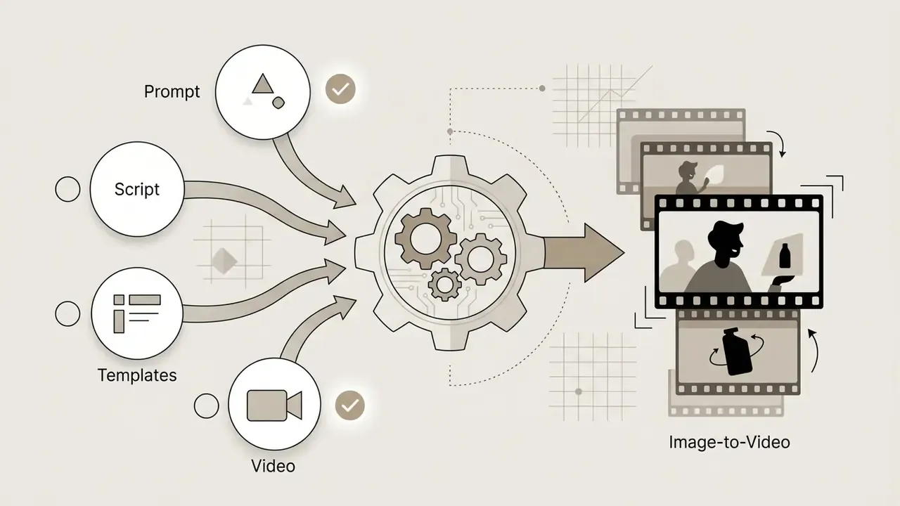 Various input icons feeding into a central gear mechanism that processes assets into video film strips