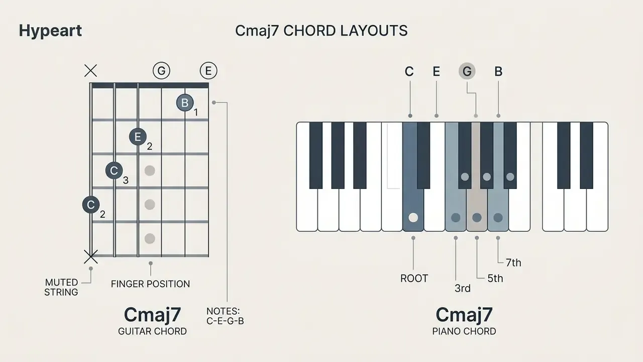 Guitar fretboard grid and piano keyboard map displaying finger positions and note names for a Cmaj7 chord