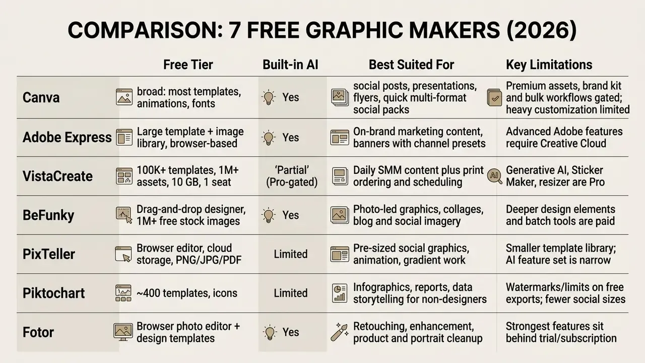 Comparison chart evaluating free tiers, AI capabilities, use cases, and limitations of seven popular design tools