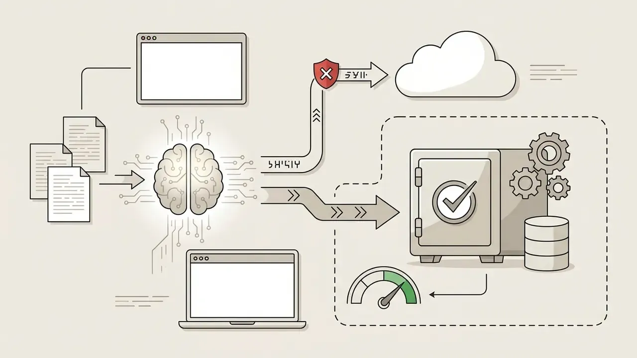 Documents and computers feeding a central brain processor that routes data to a cloud or a locked vault