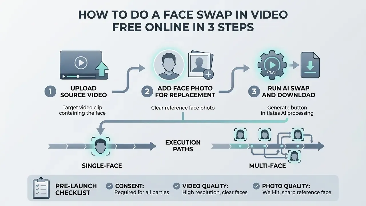Diagram detailing the three-step process to face swap video online free with single and multi-face paths