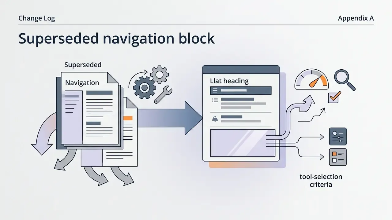 Navigation documents being processed by gears into a flat heading structure for tool-selection criteria