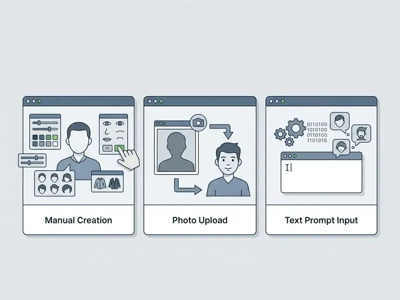 Three windows illustrating options for manual character design, photo conversion, and text prompt input
