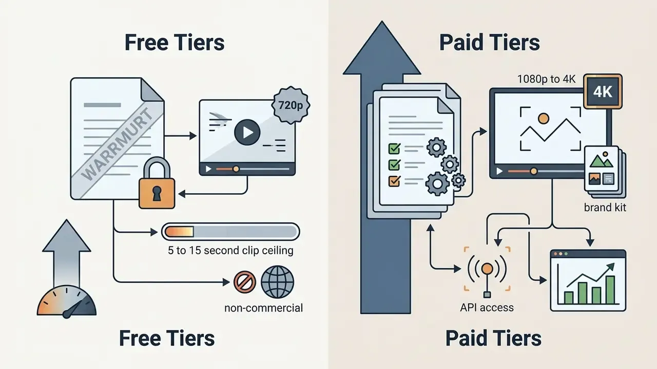 Split view showing restricted free tier video features versus expanded paid tier capabilities