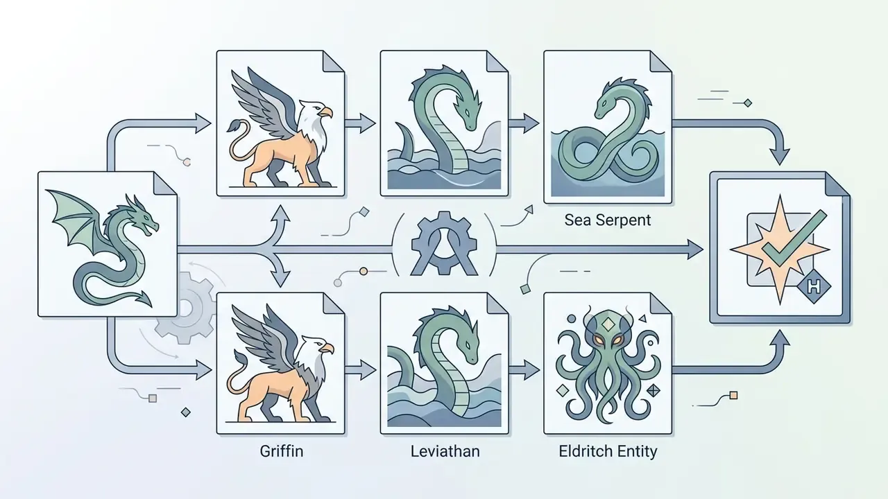 Process flow showing a dragon transforming into various mythical creatures like griffins and sea serpents