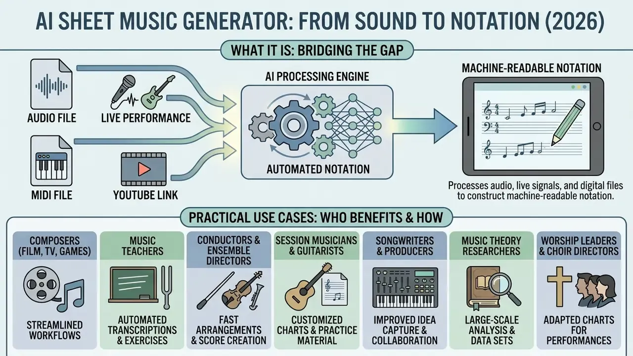Infographic showing an AI engine converting audio and digital files into sheet music for various music professionals