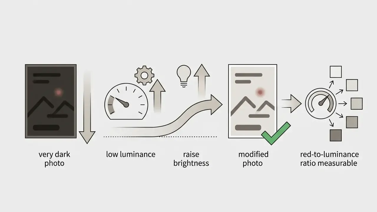 Process showing how increasing brightness in a dark photo makes the red-to-luminance ratio measurable