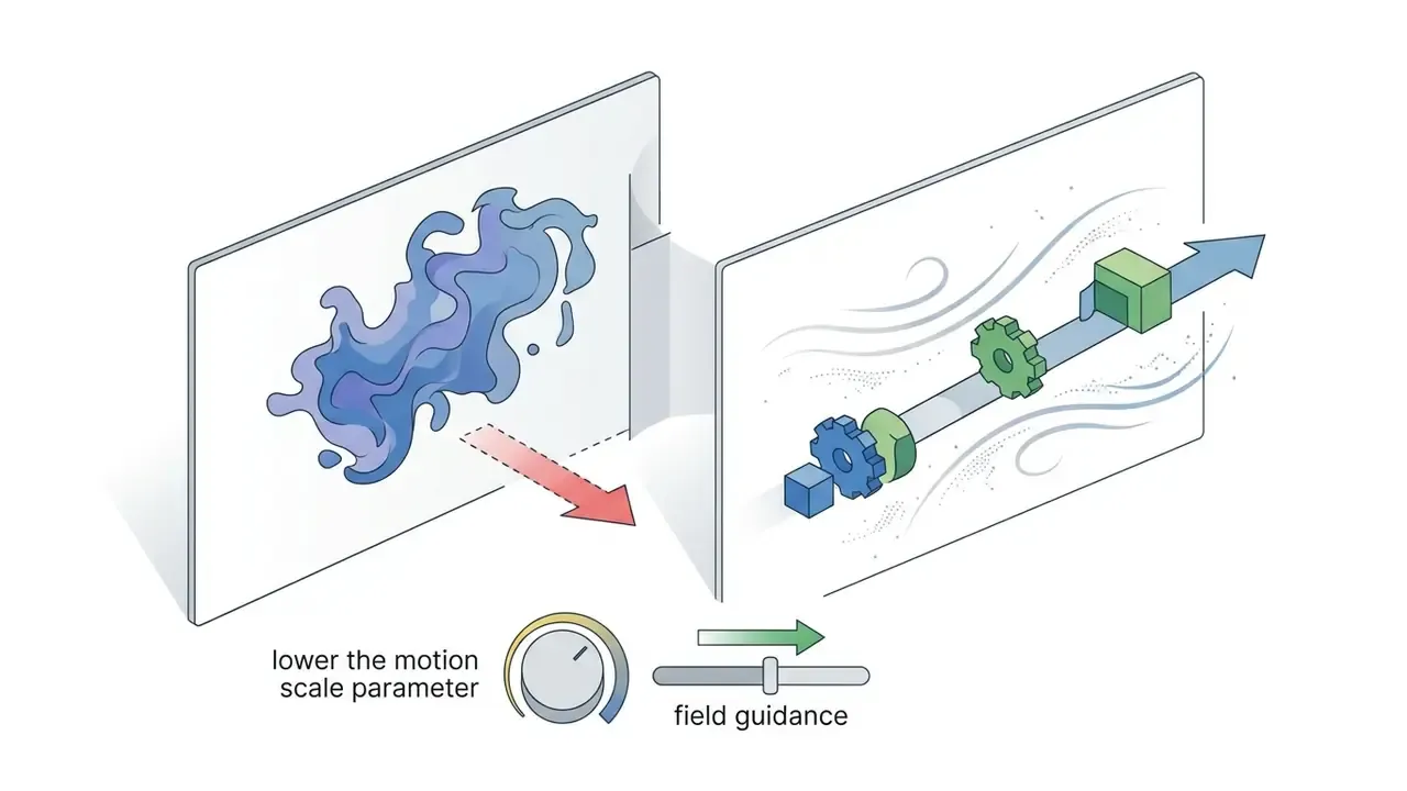 Two panels showing a transition from chaotic fluid motion to structured mechanical movement with motion controls