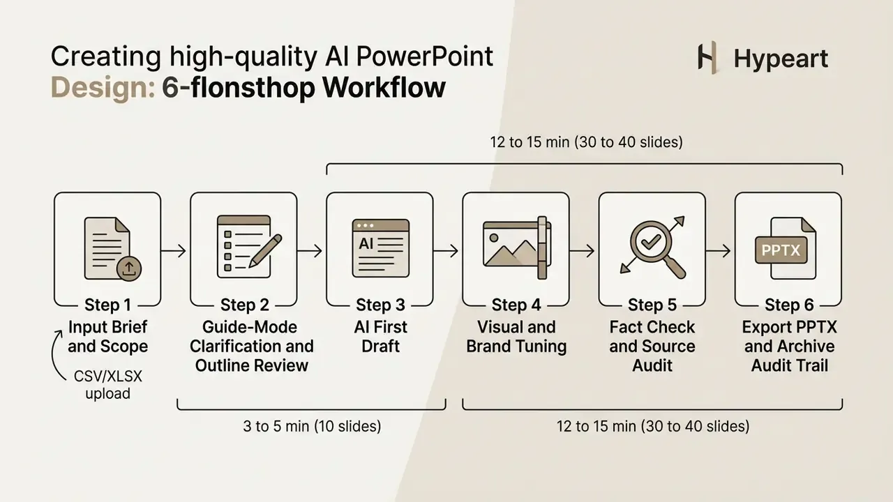 Six-step sequential process for generating AI PowerPoint presentations with estimated completion times