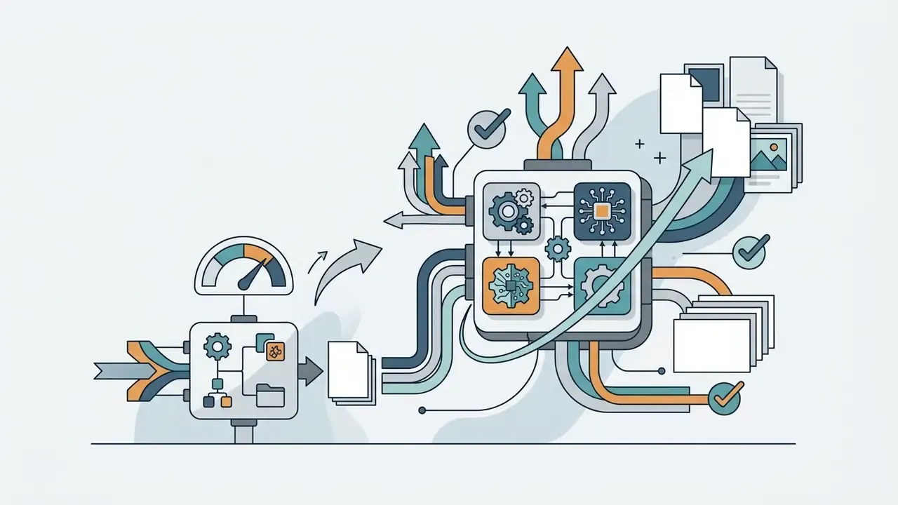 Data flowing through a speed gauge and into a central processing unit to output various file formats