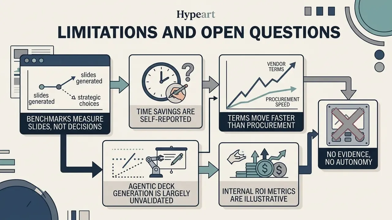 Flowchart outlining research gaps regarding slide generation benchmarks, self-reported data, and ROI metrics