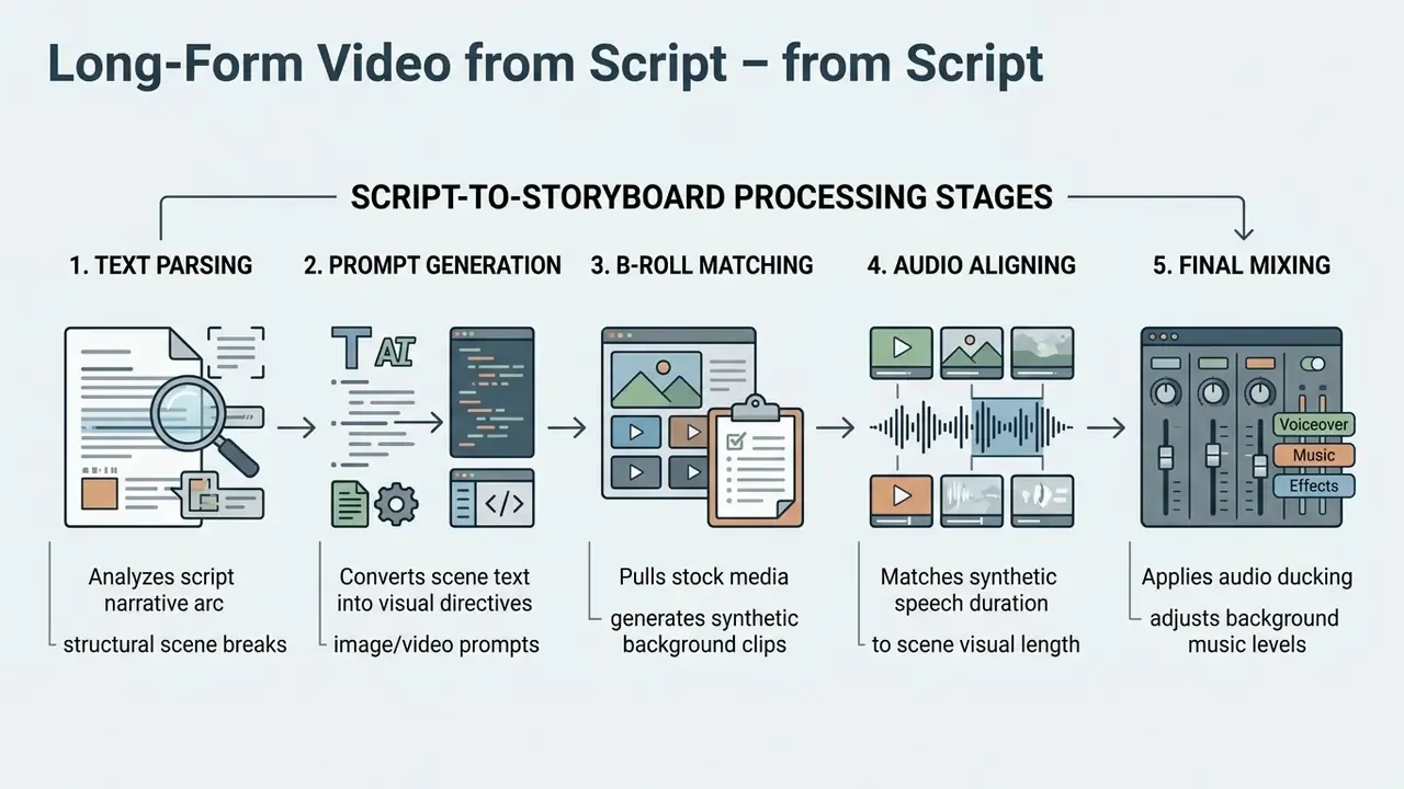 Five sequential steps illustrating the transformation of a script into a finished video with audio
