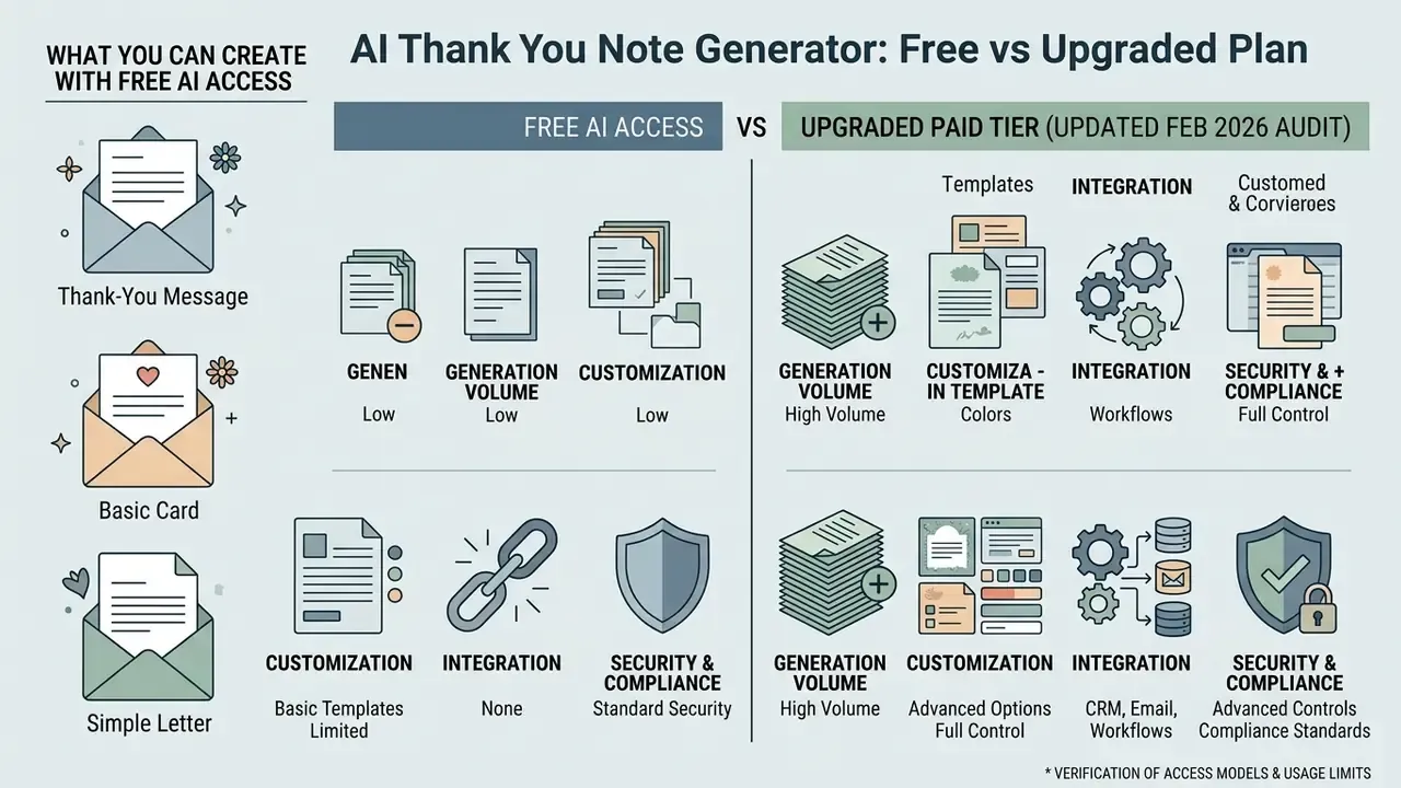 Comparison table contrasting features of a free AI thank you note generator with an upgraded paid tier
